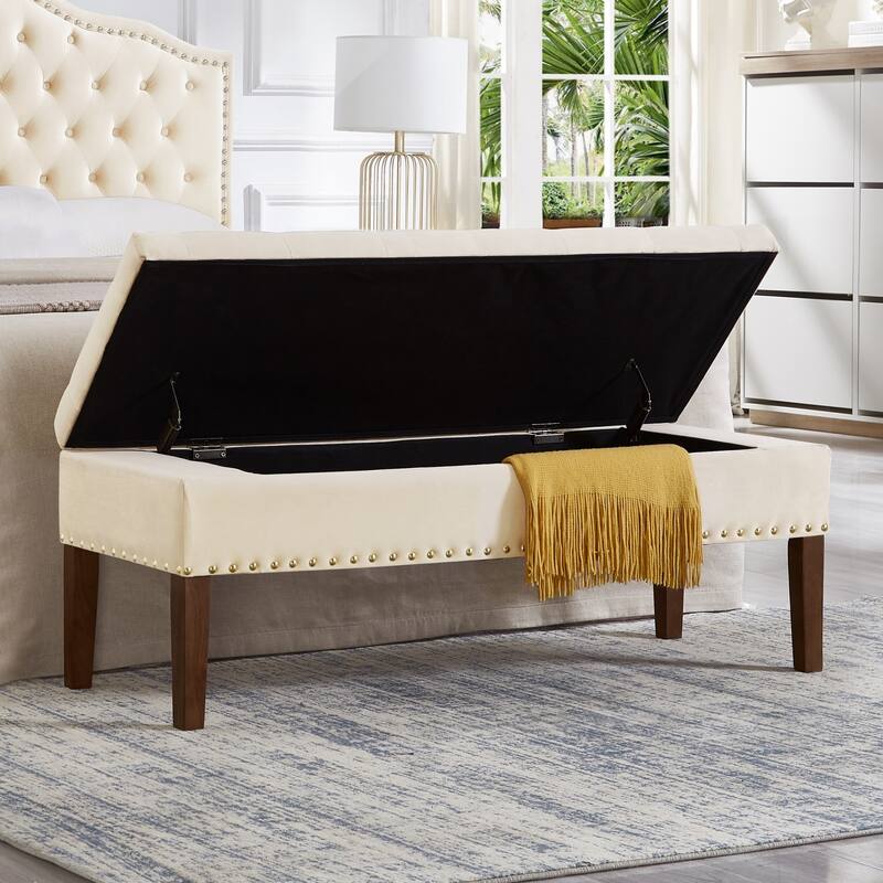 Storage Bench Leisure Bench Window Bench with Wood Legs, Cream Dining Bench Lounge Bench with Nailhead Trim - Cream