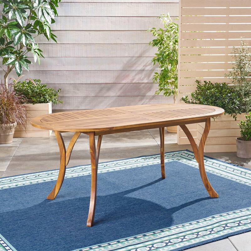 Acacia Wood Dining Table 70 Inch Oval Top Gray Finish Outdoor Patio