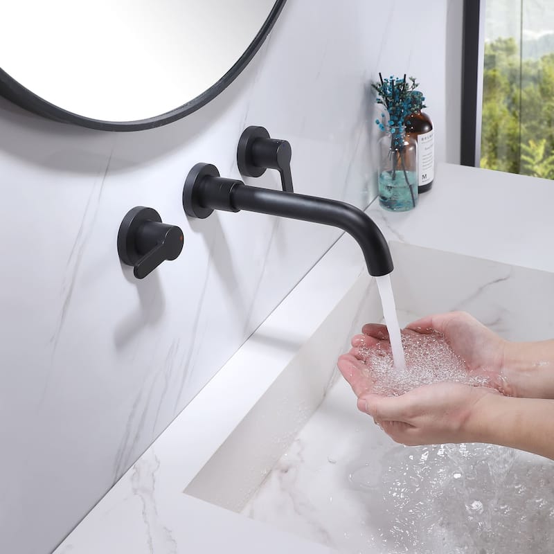 Wall Mount Bathroom Faucet 3 Holes Matte Black Bathroom Sink Faucet 2 Handle Modern Basin Vanity Taps With Valve - Matte Black
