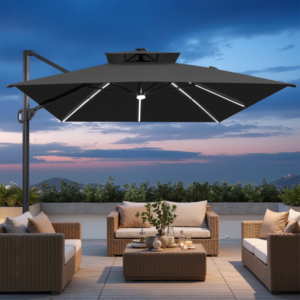 Outdoor 10x13FT Patio Cantilever Umbrella Double Top with Solar LED Light Strips