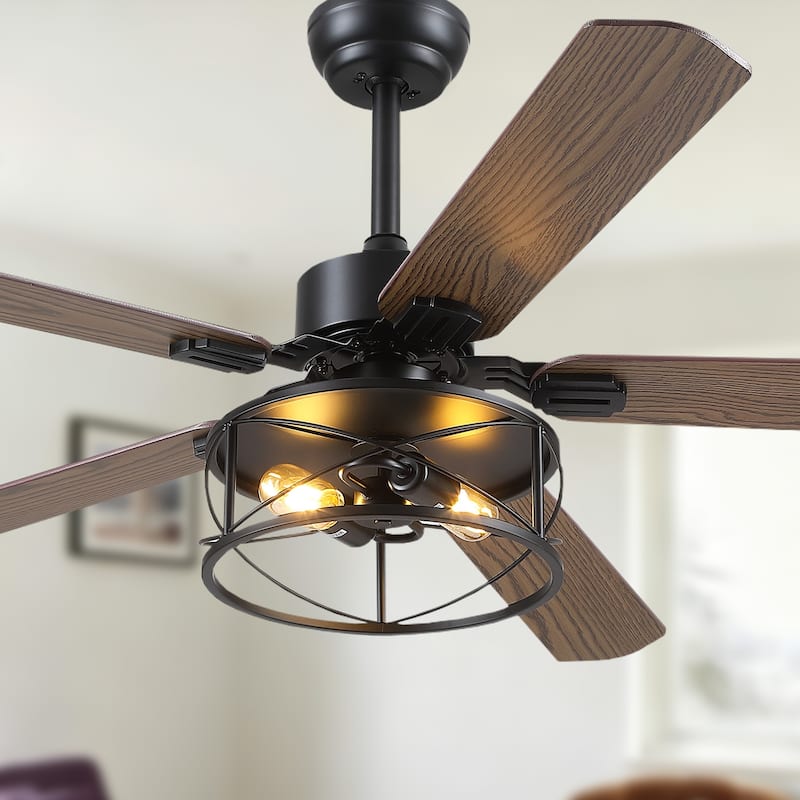 56 Inch Ceiling Fan with Caged Light and Plywood Blades for Farmhouse Living Room Bedroom
