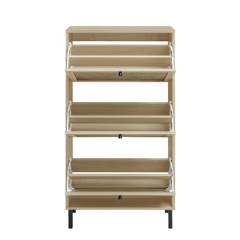Roomfitters Rattan Shoe Cabinet, Modern Freestanding Shoe Storage Organizer with 3 Flip Doors