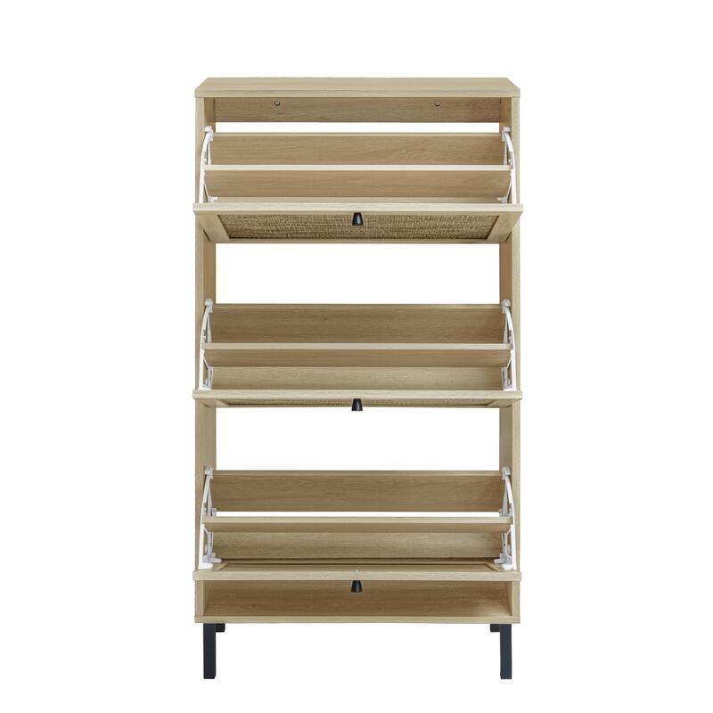 Shoe Storage Cabinet with 3 Flip Drawers, Freestanding 3-Tier Shoe Rack, Slim Shoe Organizer with Half Round Woven Rattan Doors