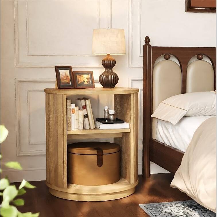 3-Tier Round End Table, Side Table with Storage Shelf, Farmhouse Nightstand Bedside Stand