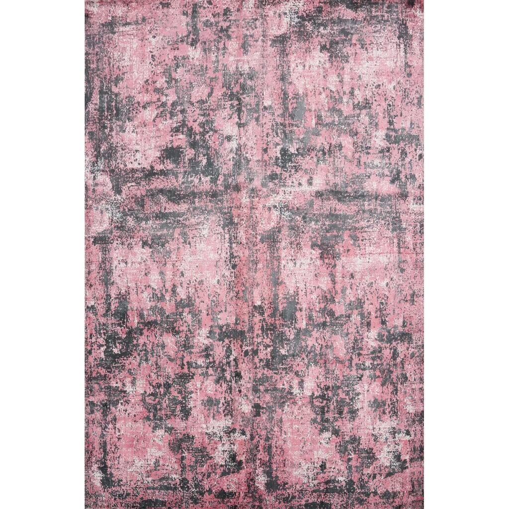 Hand Knotted Oriental Viscose Silk Carpet Modern Abstract Pink Abstract Area Rug - 9' 8'' X 8' 1''