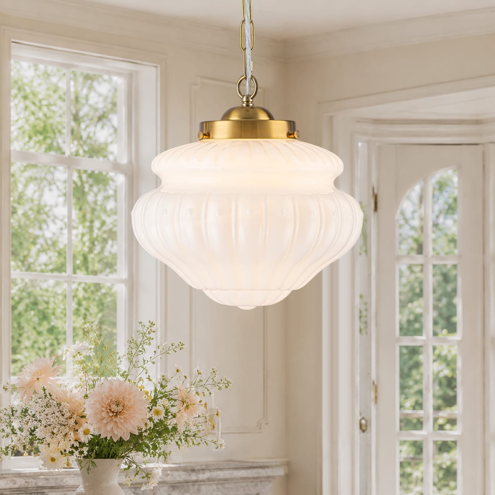 Modern 1-Light Brass Dome Pendant Light with Opal Glass Shade for Living/Dining Room - 11.8" Dia × 11.8" H