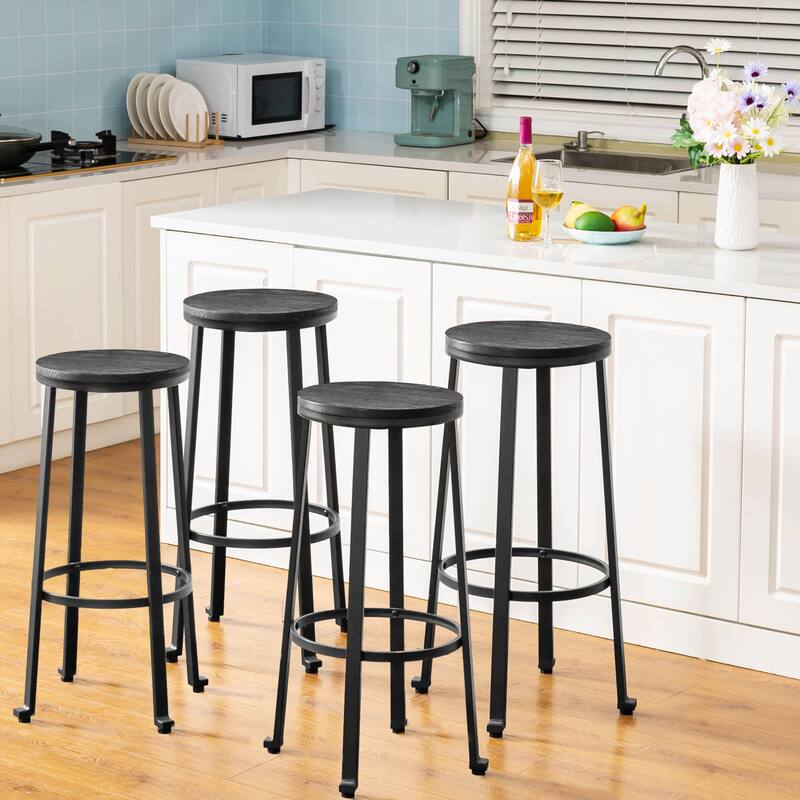 Glitzhome Industrial Rustic High Bar Stools with Wood Seat - Set of 4 - Black