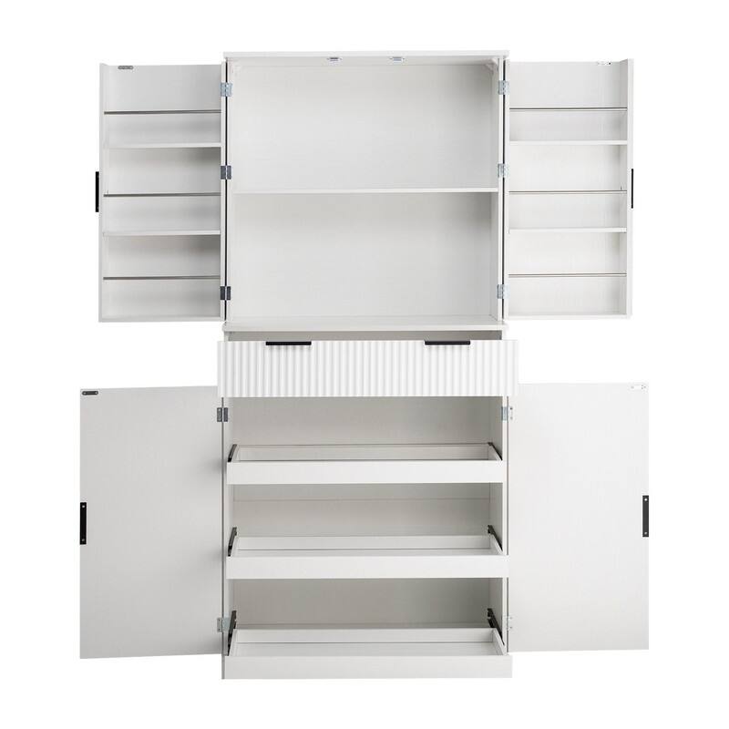 72" Fluted Kitchen Pantry Cabinet, Freestanding Cupboard Storage Cabinet with Drawers and Adjustable Shelves