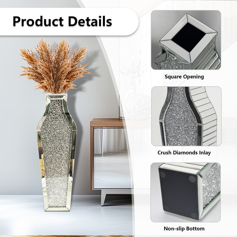Glam Tall Crushed Diamond Floor Vase Crystal Silver for Home Decor