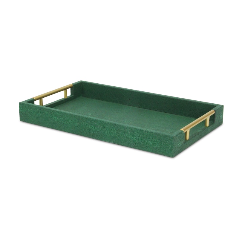 HomeRoots 16" Green Wood Wood Faux Shagreen Serving Tray With Handles