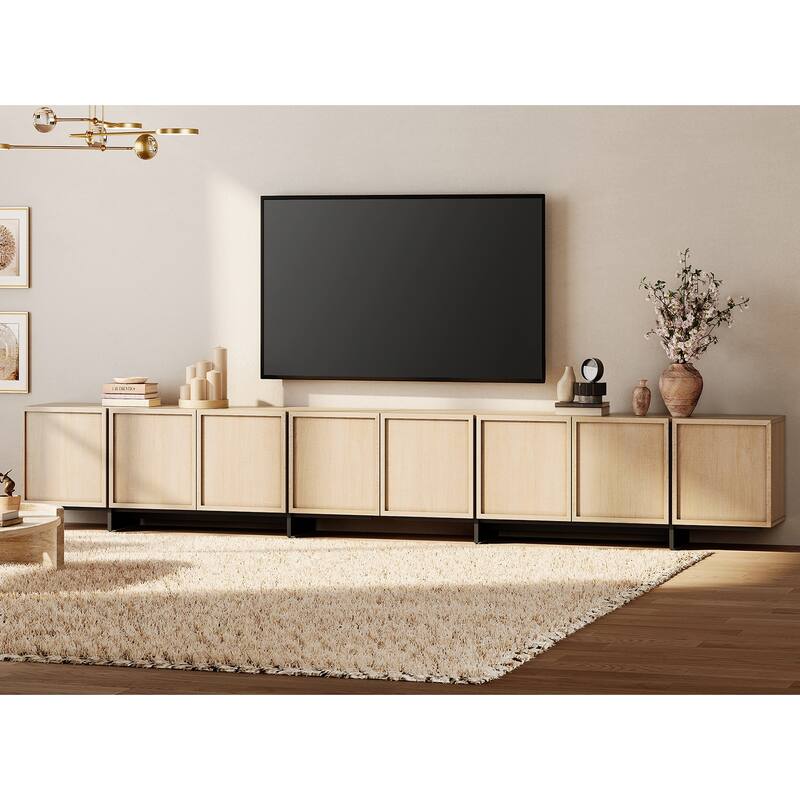 WAMPAT TV Stand with T-Shaped Legs, Modern Entertainment Center with 4 Storage Cabinets, Media Console TV Table for Living Room - 141 inches - Light Oak