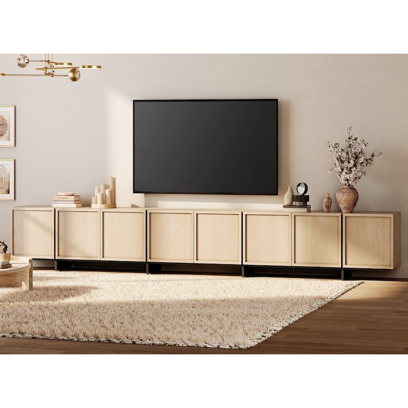 WMAPAT Modern Entertainment Center With T-Shaped Wooden Legs, 4-Door Storage TV Stand, Media Cabinet For Living Room