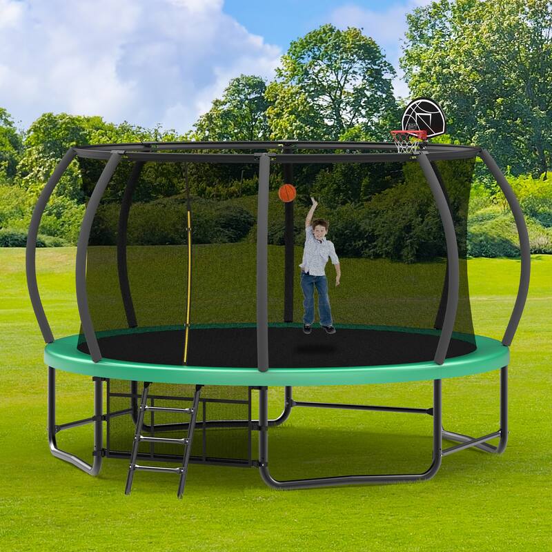 14FT Trampoline with Enclosure Recreational Trampolines with Ladder and AntiRust Coating, ASTM Approval Trampoline for Kids