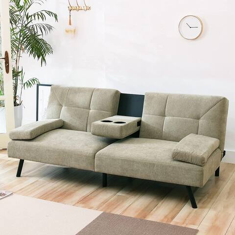 Modern Futon Sofa Bed, Convertible Sleeper Couch Daybed with 2 Cup Holders Removable Memory Foam Armrest Folding Sofa