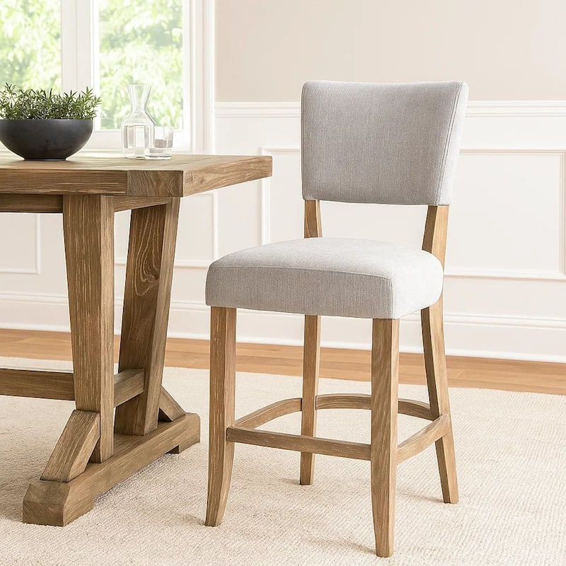 Ryna Barstool Chair, Plush Light Gray Fabric, Washed Oak Solid Wood