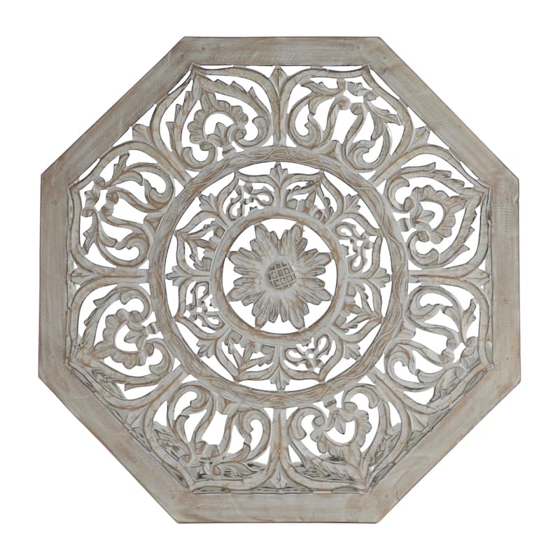 Wooden Floral Handmade Intricately Carved Coffee Table with Hollow Interior - Light Gray or Cream - Roche River Decor