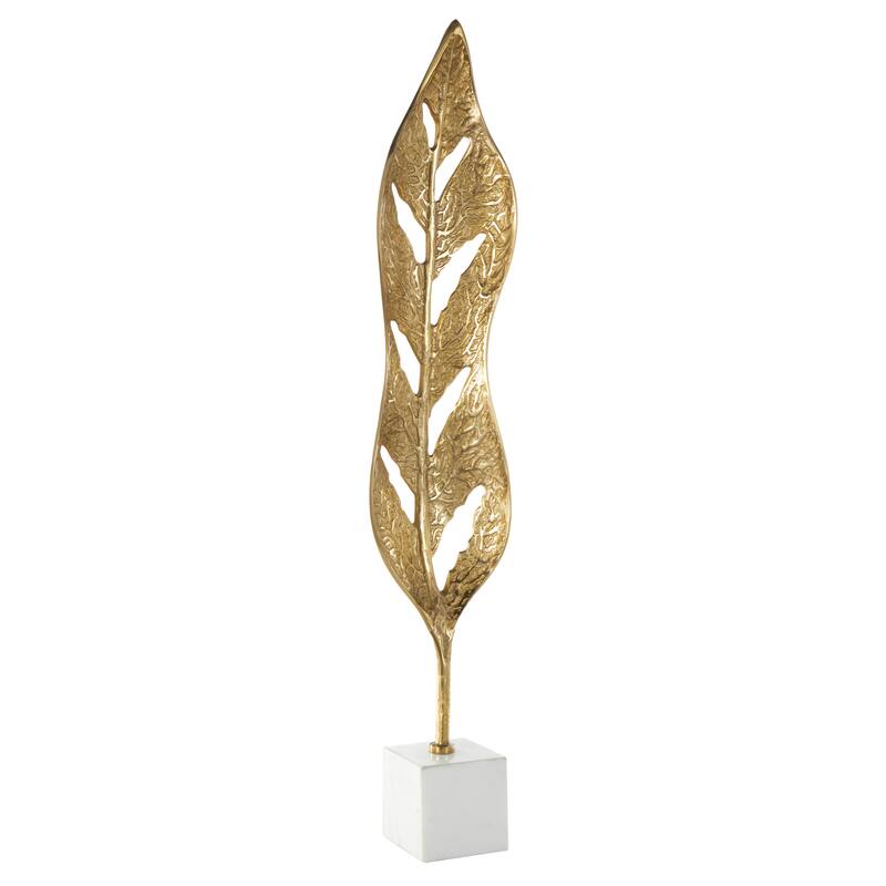 Gold Aluminum Metal Tall Textured Cutout Leaf Sculpture with White Marble Base