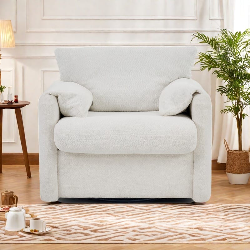 Chenille Swivel Accent Chair with 360° Rotation and High-Resilience Cushion - Ivory White