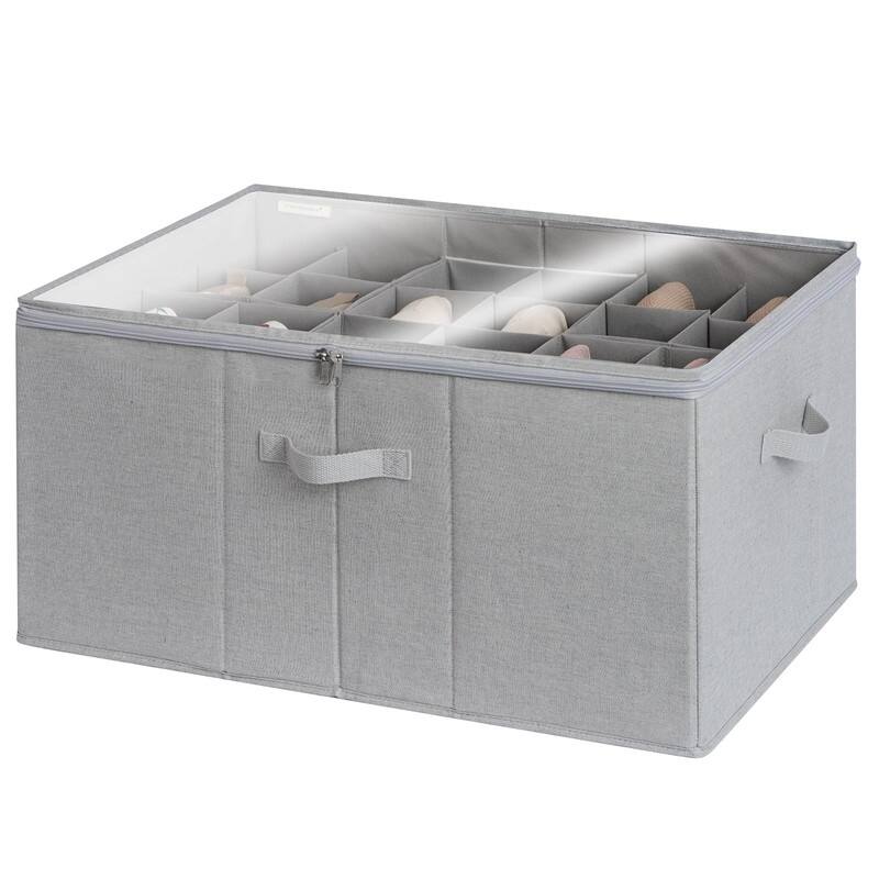 Shoe Organizer,Adjustable Dividers & Clear Cover - Grey - Large