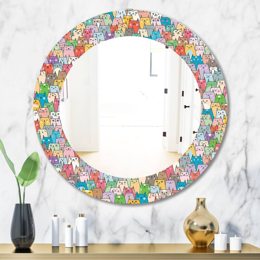 Designart 'Funny Cat'S Heads Pattern' Printed Modern Mirror - Oval or Round Wall Mirror - Pink