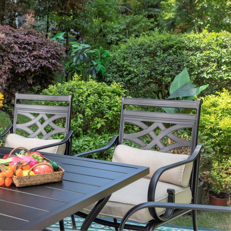 MAISON ARTS 7-Piece Outdoor Dining Set Steel Rectangle Table & Elegant Cast Iron Pattern Dining Chairs