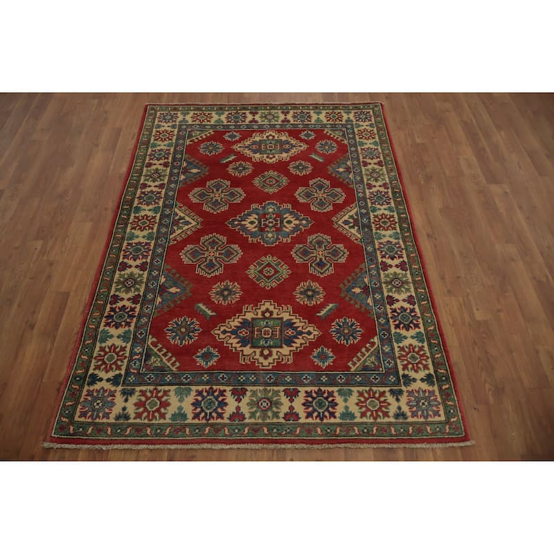 Hand Knotted Oriental 100% Wool Carpet Traditional Geometric Red Kazak Area Rug - 5' 9'' X 4' 0''