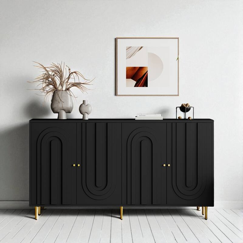 Modern Lacquered 4-Door Sideboard Buffet Cabinet with Adjustable Shelves and Gold Metal Legs, MDF Storage Cabinet. - Matte Black