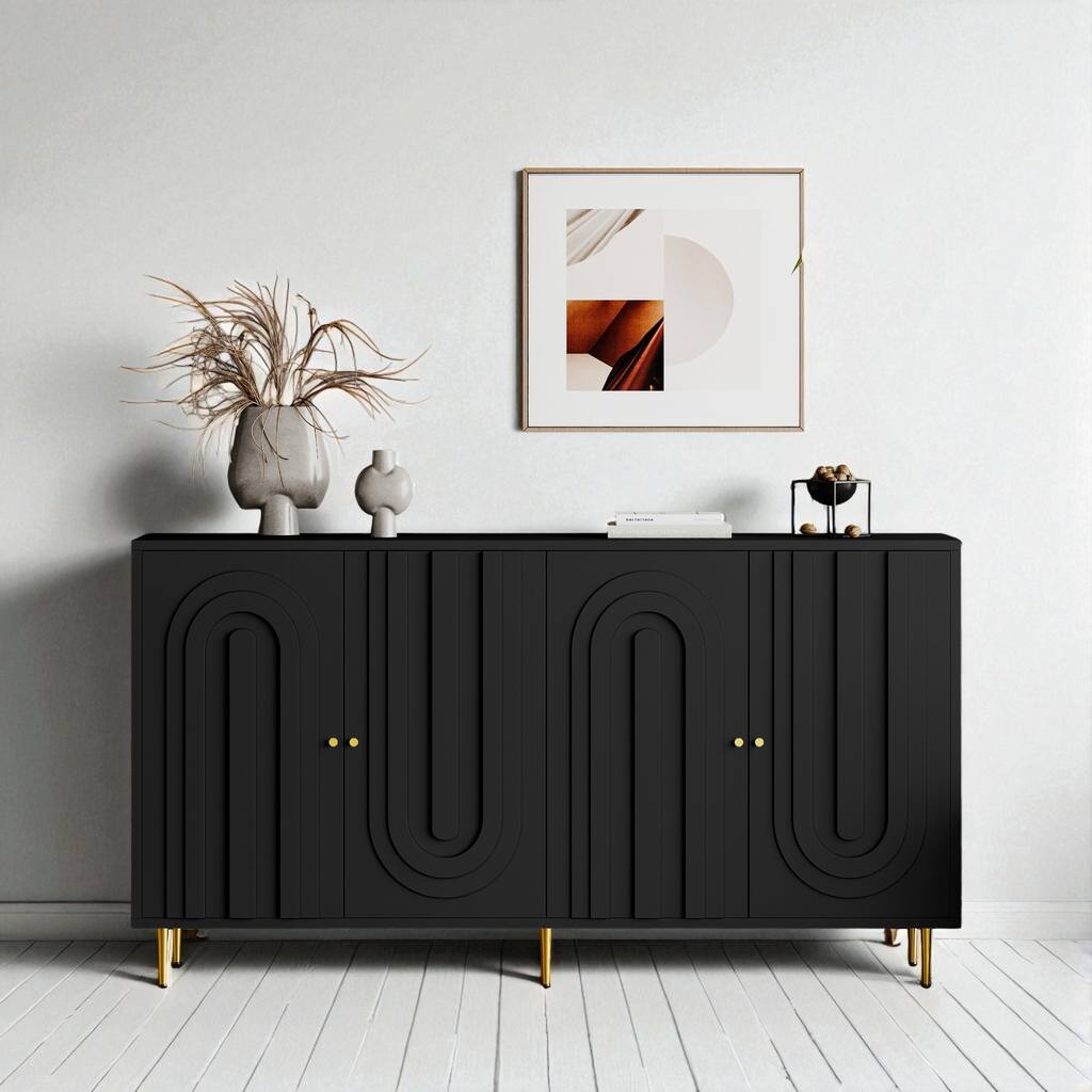 Modern Lacquered 4-Door Sideboard Buffet Cabinet with Adjustable Shelves and Gold Metal Legs, MDF Storage Cabinet.