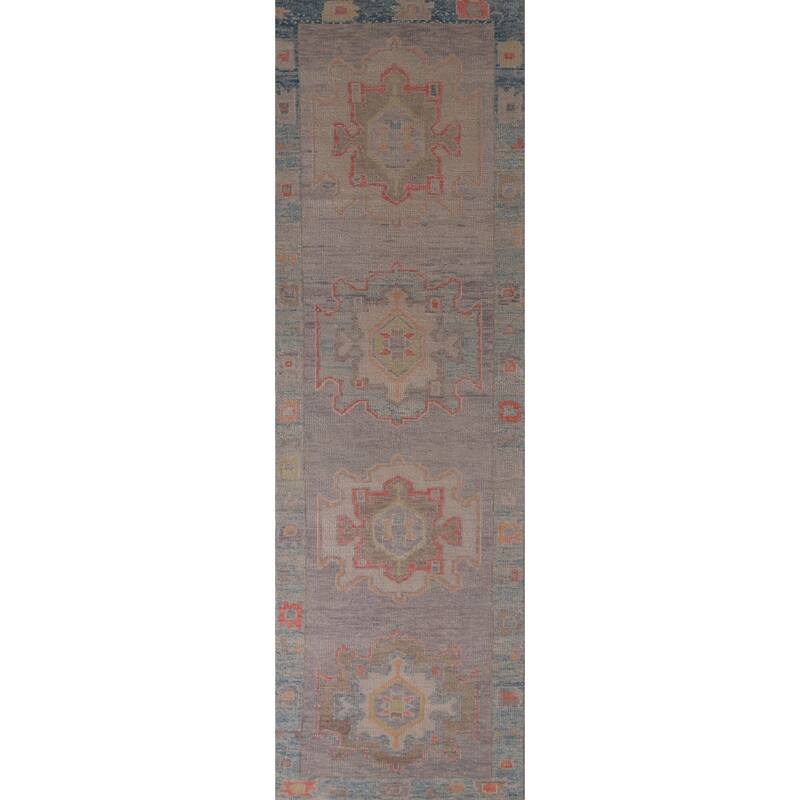 Hand Knotted Oriental 100% Wool Carpet Transitional Geometric Purples Oushak Runner Rug - 11' 11'' X 2' 10''