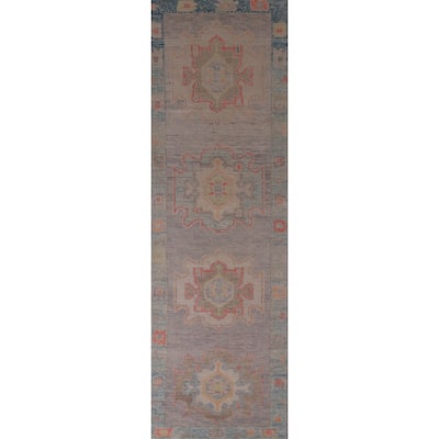 Hand Knotted Oriental 100% Wool Carpet Transitional Geometric Purples Oushak Runner Rug - 11' 11'' X 2' 10''