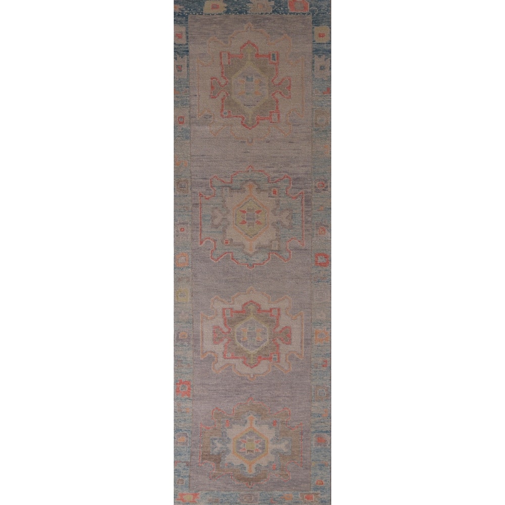 Hand Knotted Oriental 100% Wool Carpet Transitional Geometric Purples Oushak Runner Rug - 11' 11'' X 2' 10''