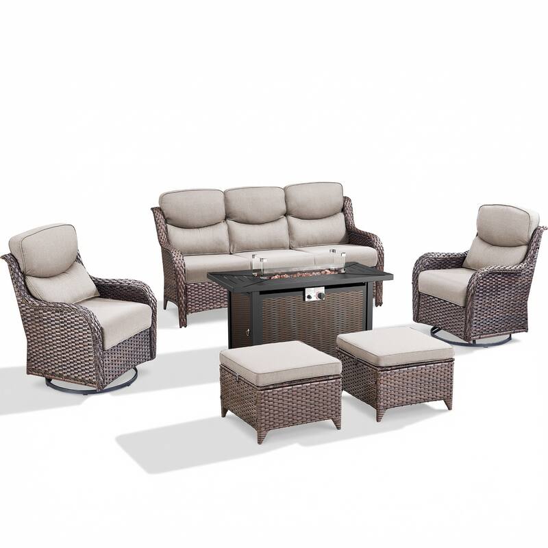 Pocassy Patio Sofa Swivel Chair Set with 43" Fire Pit Table