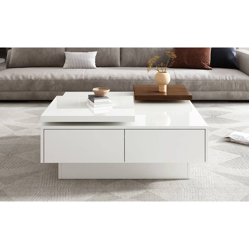 Modern Square Coffee Table with Movable Top and 4 Hidden Storage Drawers, High Gloss Center Table Cocktail Table for Living Room