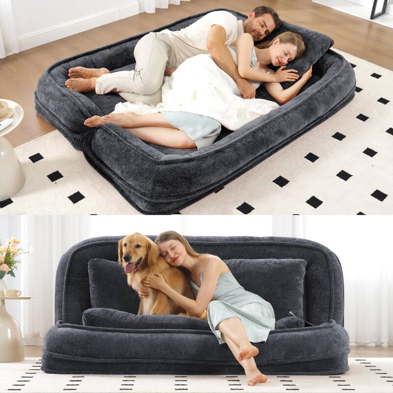 Pet Friendly Lazy Loveseat Sofa 2-in-1 Chenille Floor Couch Double Human Sleeper Bed with 5 Adjustable Position, Plump Pillows - Dark Grey
