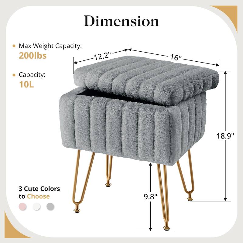 Faux Faric Soft Padded Rectangular Accent Small Ottoman Vanity Stool Chair with Storage & 4 Metal Legs