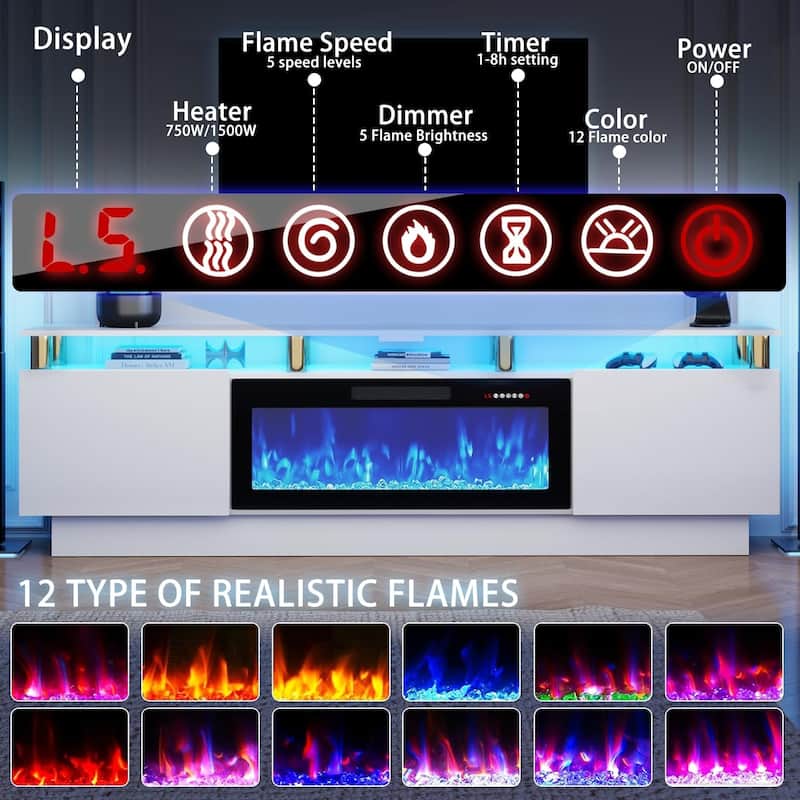 BOSSIN Modern 80" TV Stand with 36" Fireplace & LED Lights for TVs Up to 90", White with Golden Pillars, Storage Cabinets