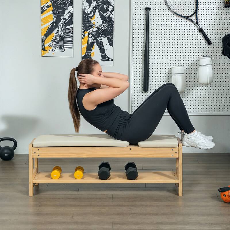 Adjustable Dumbbell PU Padding Bench with Storage Rack and Wood Frame for Home Gym - 46.9" L x 14.8" W x 16.9" -44.1" H