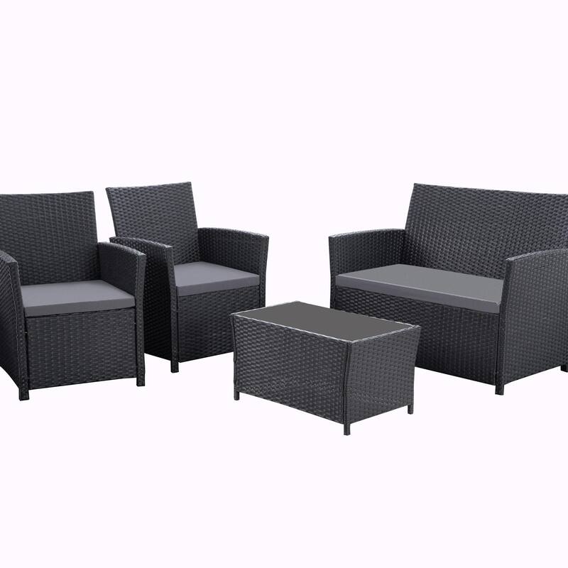 Durable Outdoor Sectional Sofa Set with Cushions & PE Rattan - Grey Cushions + Black Frame
