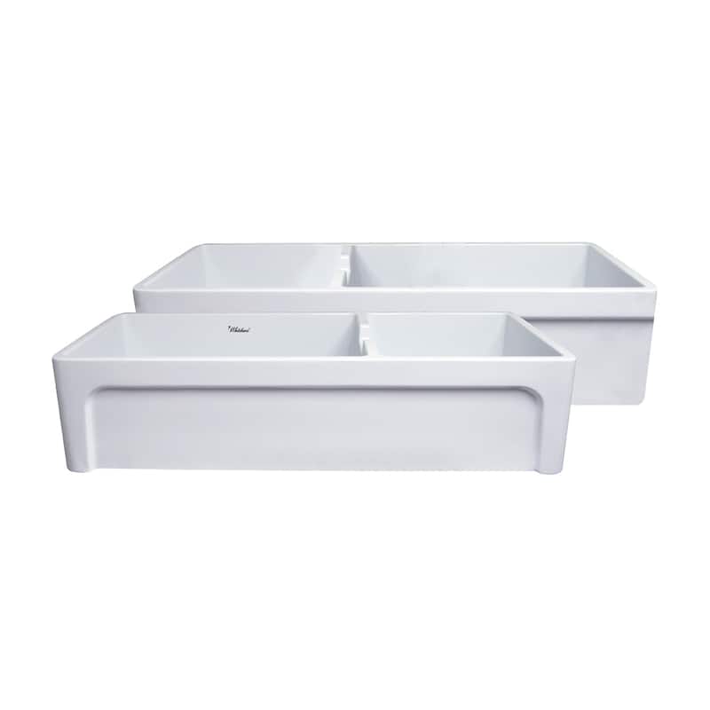 Large reversible double bowl fireclay kitchen sink - White