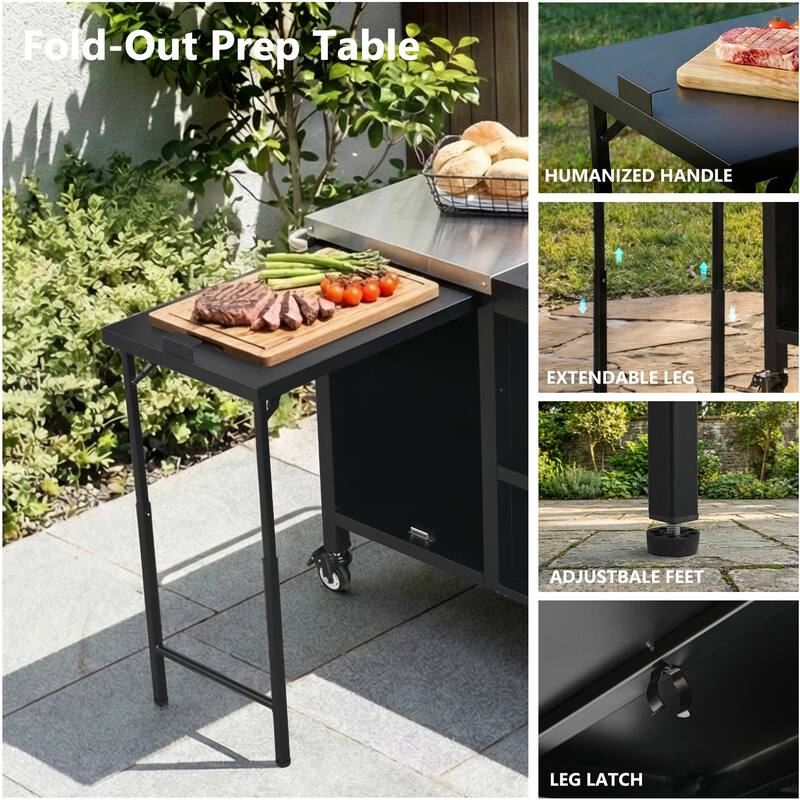 72.4" Outdoor Kitchen Island for Large Big Green Egg,Metal Outdoor Grill Cart with Fold-out Prep Table and Adjustable Shelves