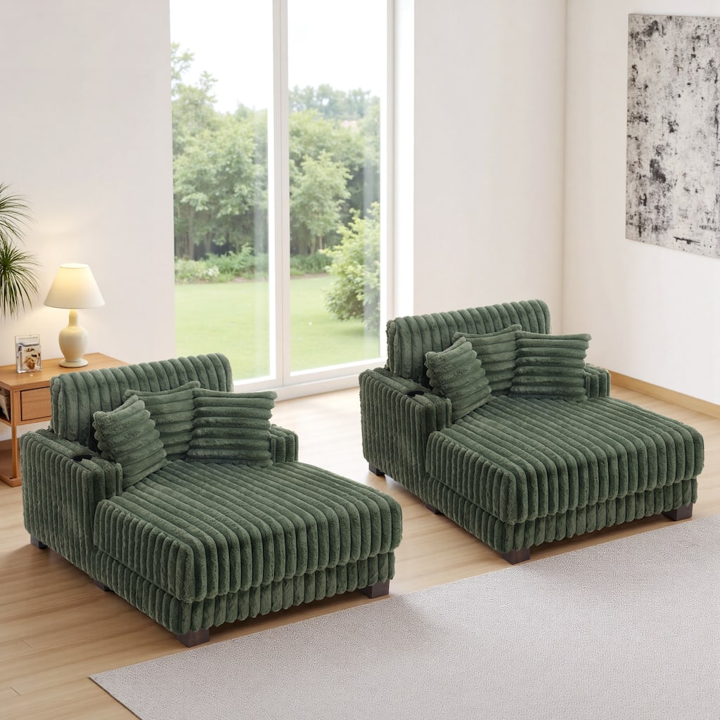 2 Set Modern Plush Sofa Chaise with Pillows and Cup Holder