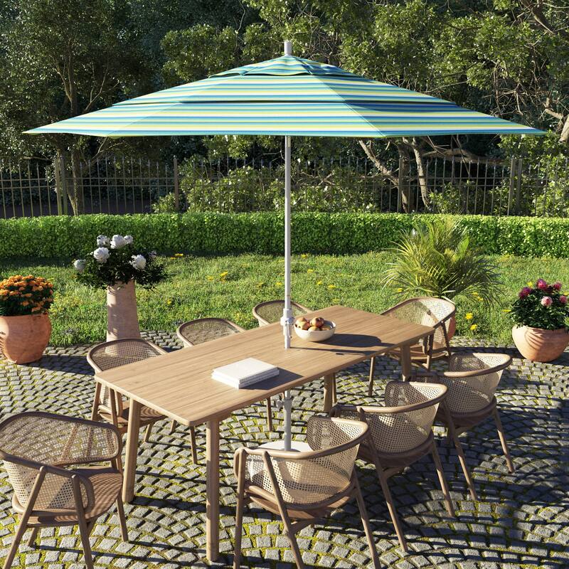 California Umbrella 11' Sun Master Patio Umbrella White Aluminum Pole Fiberglass Ribs Crank Lift Tilt Sunbrella Pacific Blue - Seville Seaside