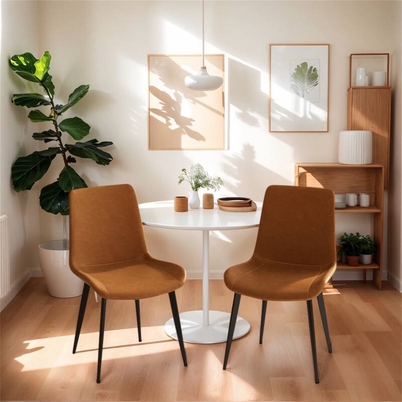 2 PCS Modern Dining Room Chairs, Upholstered Faux Leather Cushion Seat & Sturdy Metal Legs