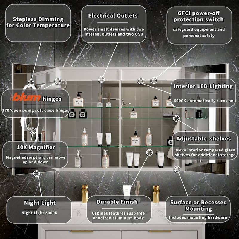 Modland Recessed Smart Mirror Cabinet 24-48x32" with Lights, Anti-Fog, Outlet & Magnifier - Adjustable Shelves