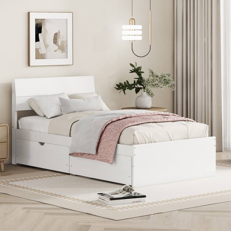 Twin Platform Bed Frame with Trundle or 2 Drawers - White - 2 Drawers - Twin