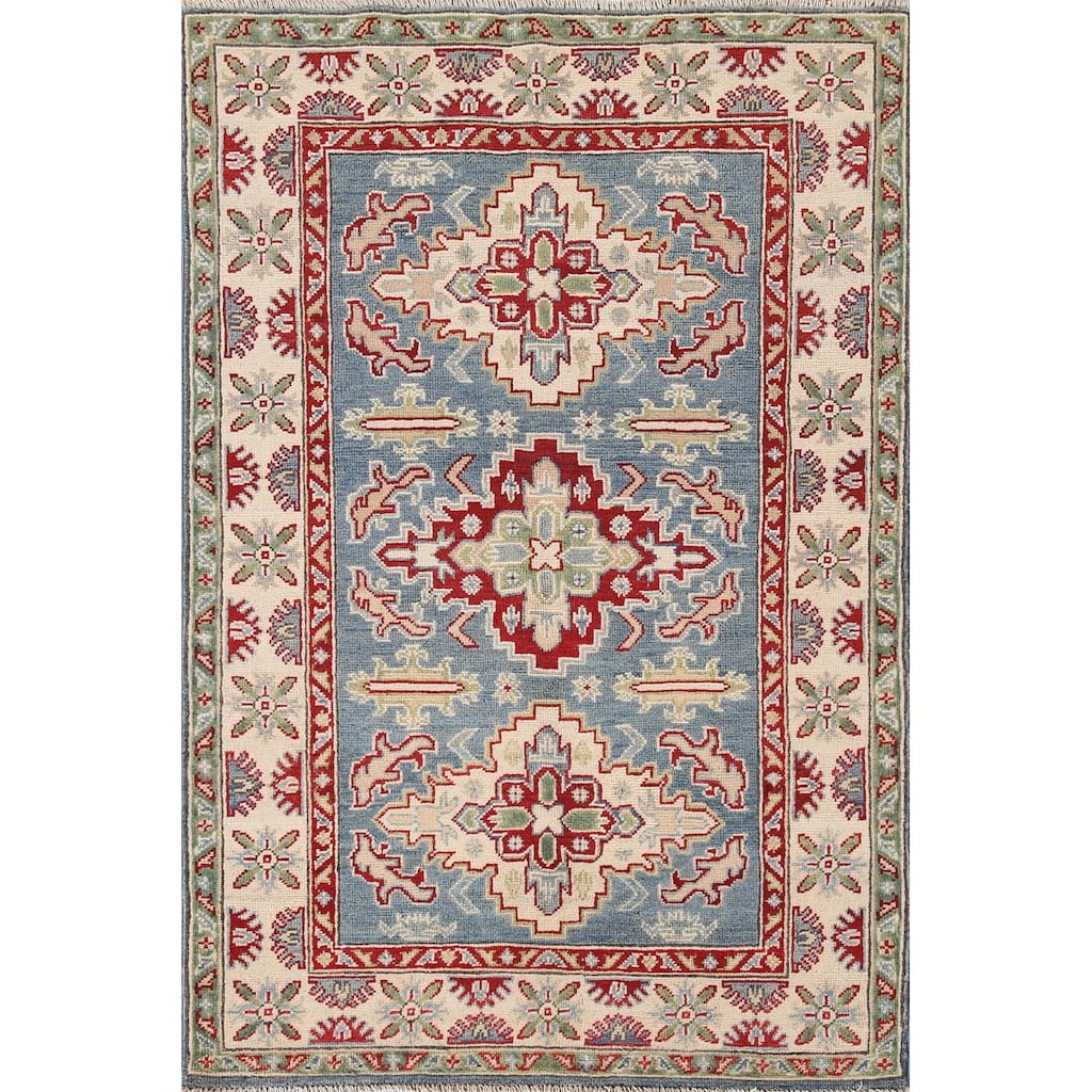 Blue Geometric Kazak Oriental Accent Rug Handmade Wool Carpet - 3'4"x 5'0"