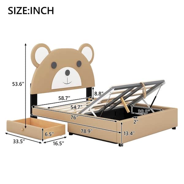 Full Size Upholstery Platform Bed with Cute Bear Shaped Headboard & 2 Storage Drawers, Kids Wood Bedframe with Hydraulic Storage