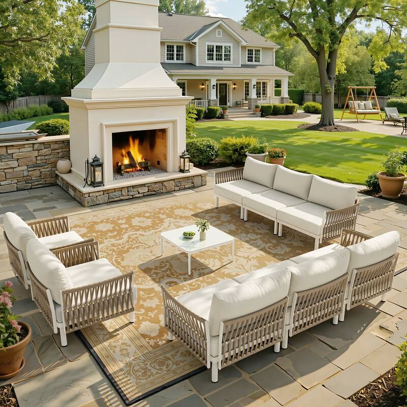 Outdoor Patio Aluminum PE Rattan Free Combination Sectional Sofa Conversation Seating Set - 8Seats - Beige