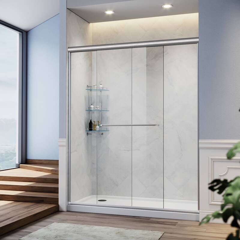 Elegant Double Sliding Shower Door 58.5-60 x 72" Width Cutting Guide Rail Adjustment Reversible installation