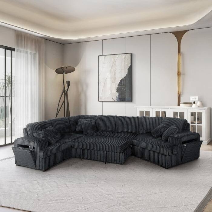 Modern Right Facing Half U-Shaped Pull Out Sectional Sofa with Storage Armrest, USB Port and Pillows